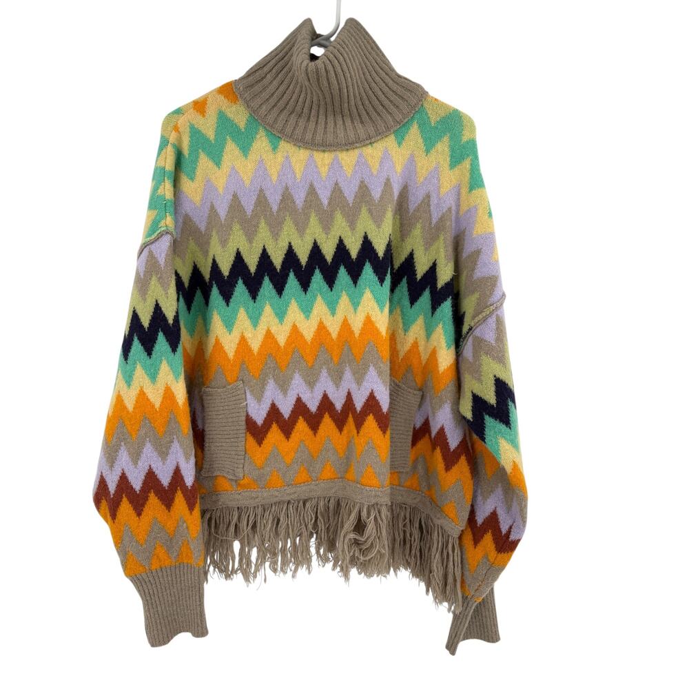 PLENTY by TRACY REESE Sweater Size M Chevron Multicolor Turtleneck Fringe - Picture 2 of 6
